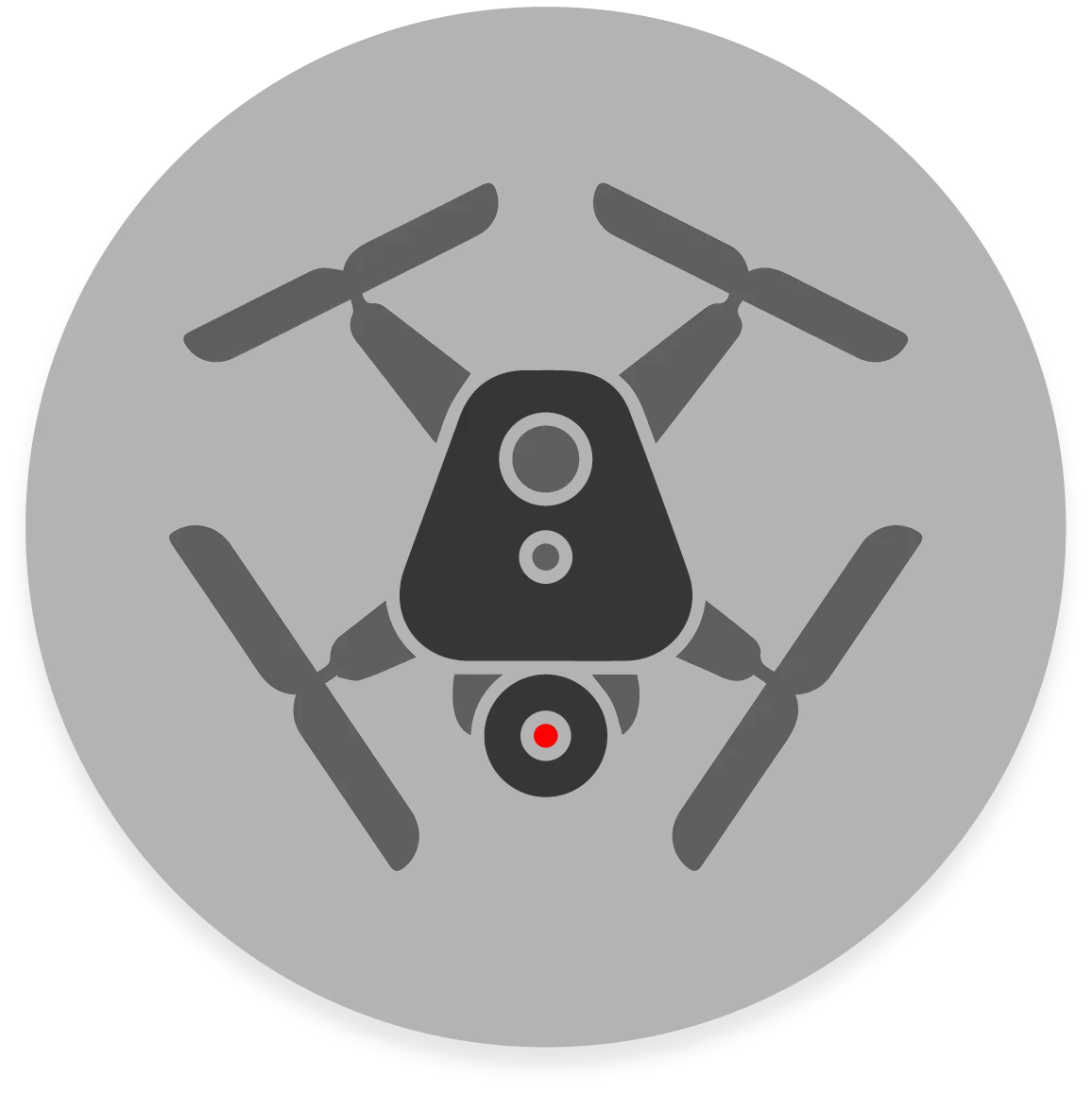 FX Productions Canada A simple, flat design illustration of a quadcopter drone with a central camera, shown from above on a dark circular background, perfect for representing FX Productions Canada or any leading Toronto Production Company. Toronto Video Production Company