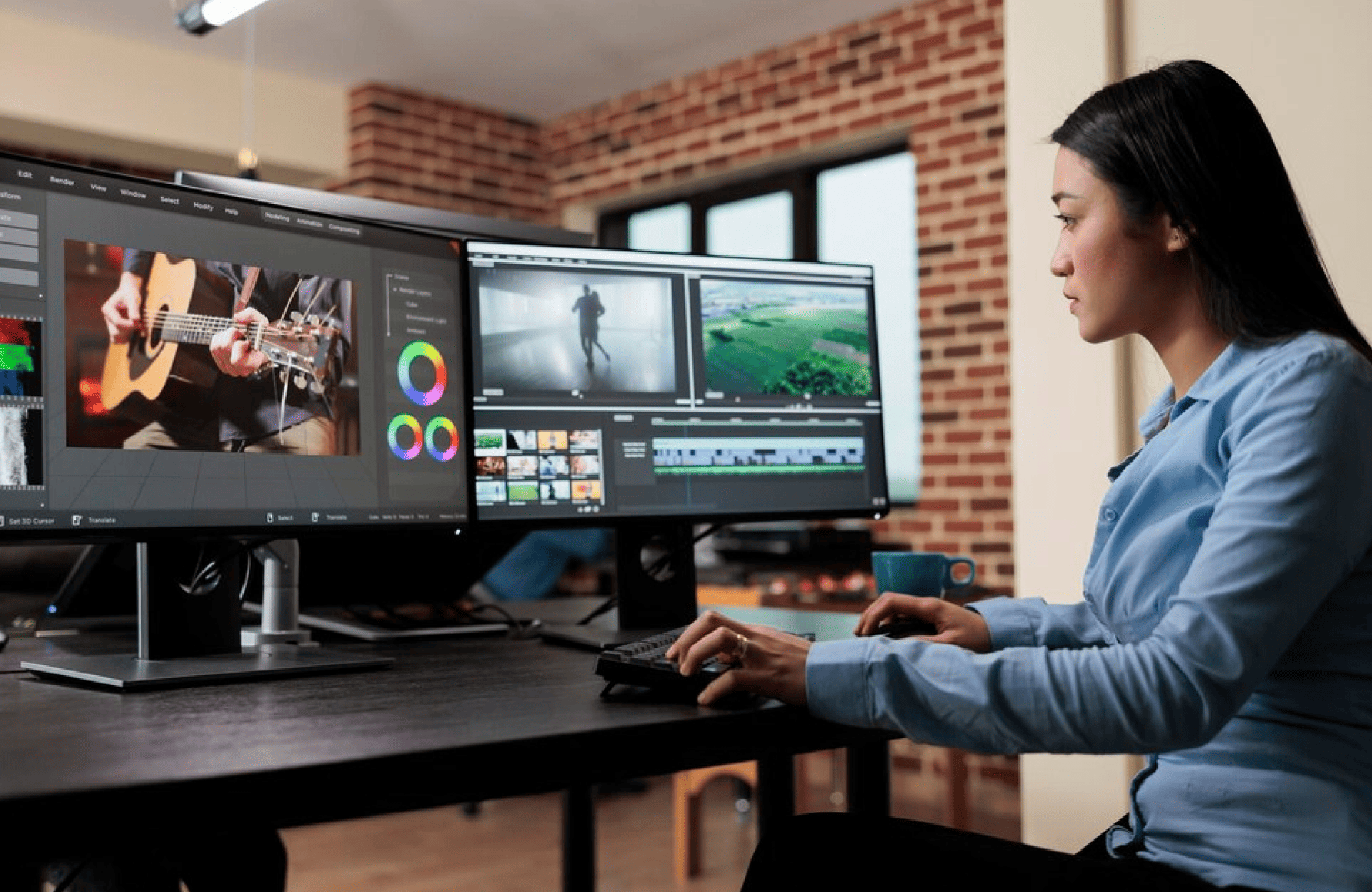 FX Productions Canada Woman sitting at a desk using dual monitors to edit videos, with color grading tools and various footage displayed on the screens in an office setting at FX Productions Canada. Toronto Video Production Company