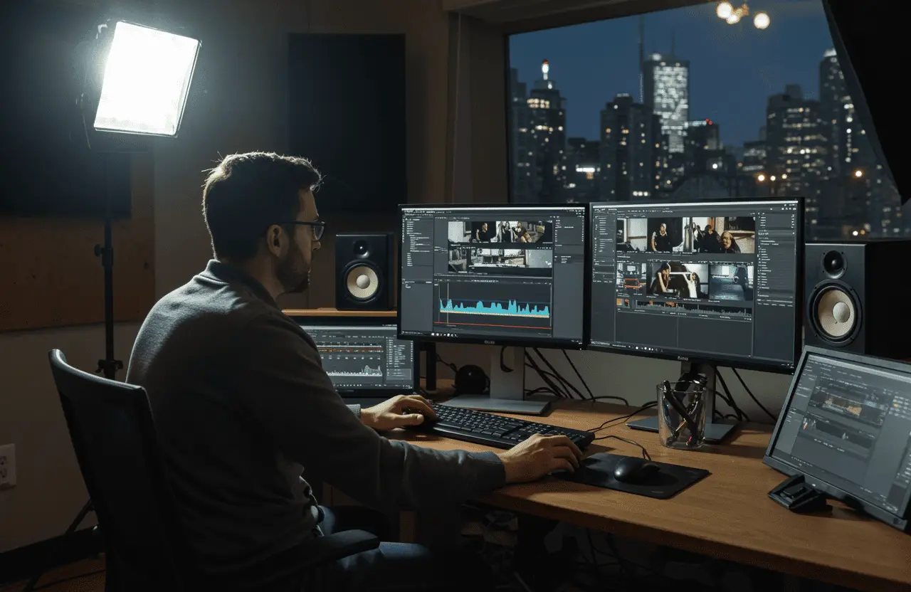 FX Productions Canada A man works at a desk with multiple monitors displaying video editing software in an office overlooking Toronto’s city skyline at night, showcasing the creative energy of FX Productions Canada, a leading Toronto Production Company. Toronto Video Production Company