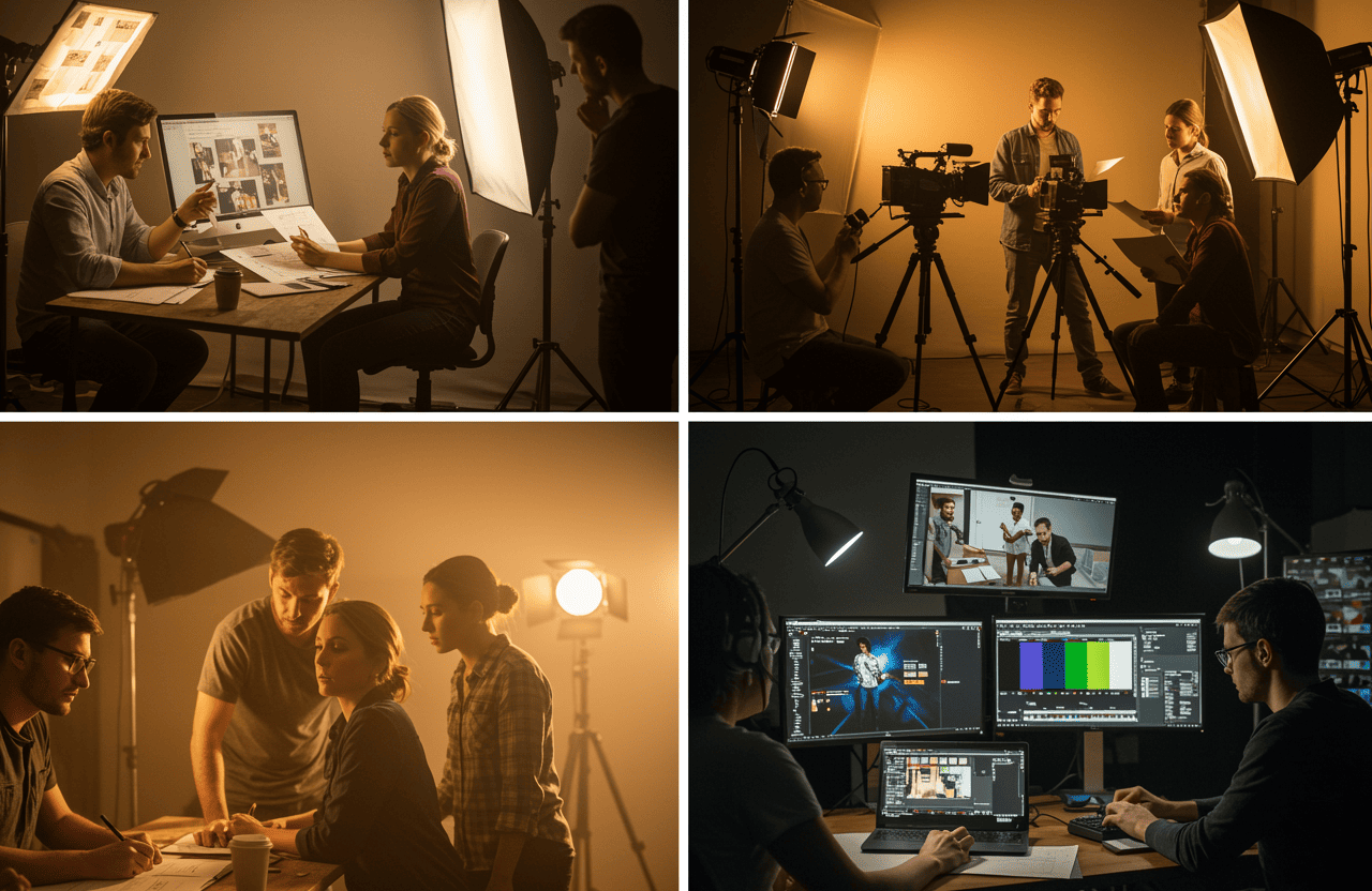FX Productions Canada A collage shows people collaborating in a film or video production studio at FX Productions Canada, working with cameras, lighting, computers, and editing software. Toronto Video Production Company