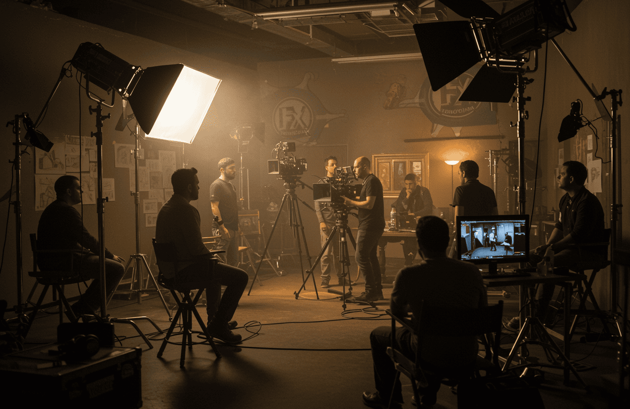 FX Productions Canada A film crew from Toronto Production Company sets up lighting and cameras in a studio, with several people working behind the scenes during a video production. Toronto Video Production Company