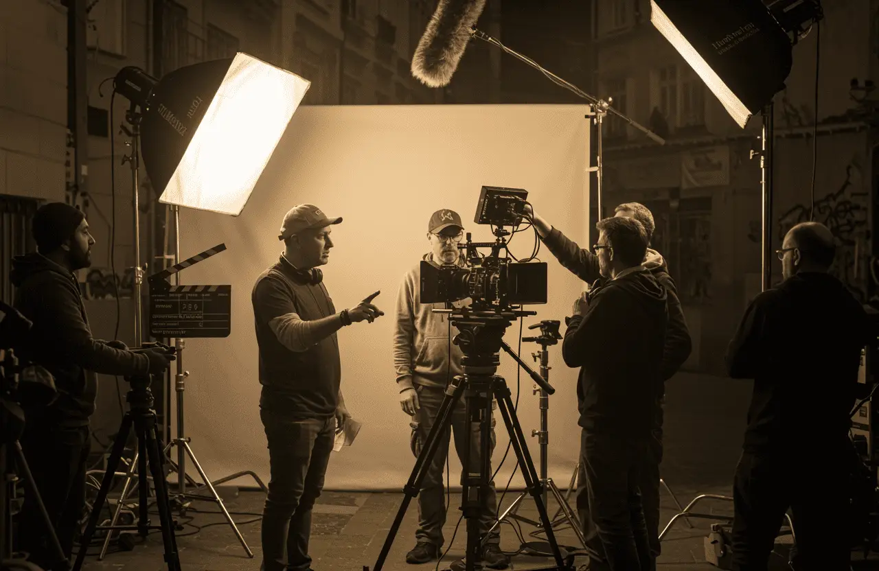 FX Productions Canada A film crew from FX Productions Canada sets up lighting and camera equipment on a set with a backdrop, as multiple crew members discuss and adjust gear. Toronto Video Production Company