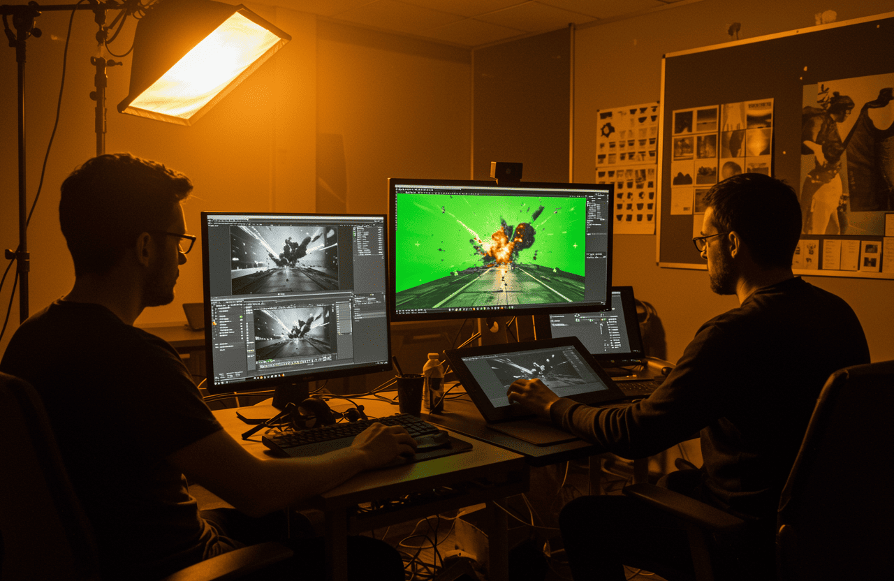 FX Productions Canada Two people at a Toronto Production Company work at computer stations editing visual effects for a film scene, with monitors displaying an explosion against a green screen background in a dimly lit studio. Toronto Video Production Company