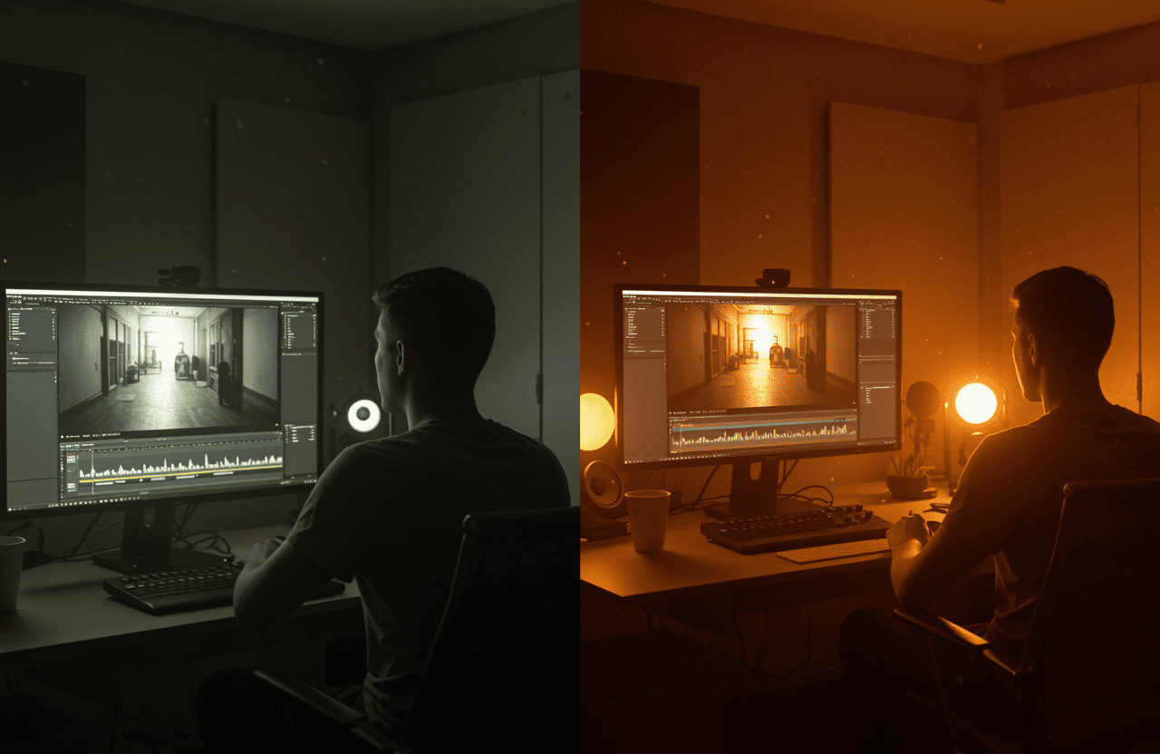 FX Productions Canada A person sits at a desk editing a video on a computer; the image is split to show cool lighting on the left and warm lighting on the right, reflecting the creative vision of FX Productions Canada, a leading Toronto Production Company. Toronto Video Production Company
