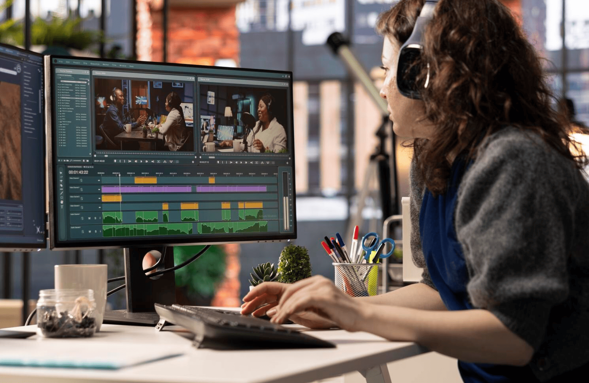 FX Productions Canada A person wearing headphones edits video footage on a dual-monitor computer setup at a desk with office supplies in a modern workspace. Toronto Video Production Company
