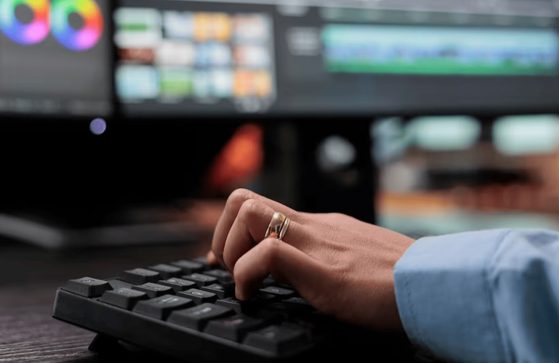 FX Productions Canada A person wearing a ring types on a keyboard, with computer monitors displaying editing software in the background. Toronto Video Production Company