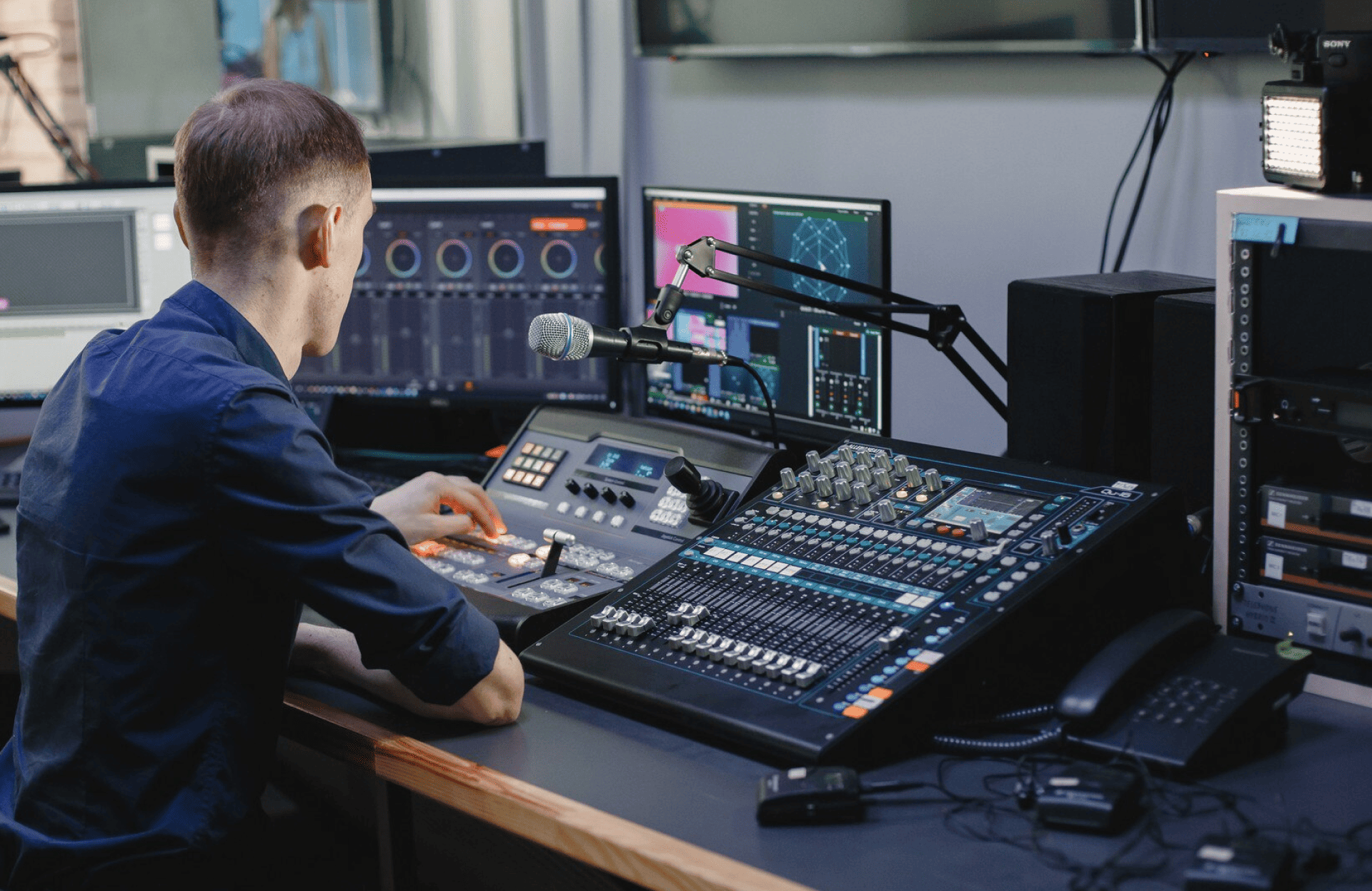 FX Productions Canada A person operates an audio mixing console and computer monitors in a recording or broadcasting studio. Toronto Video Production Company