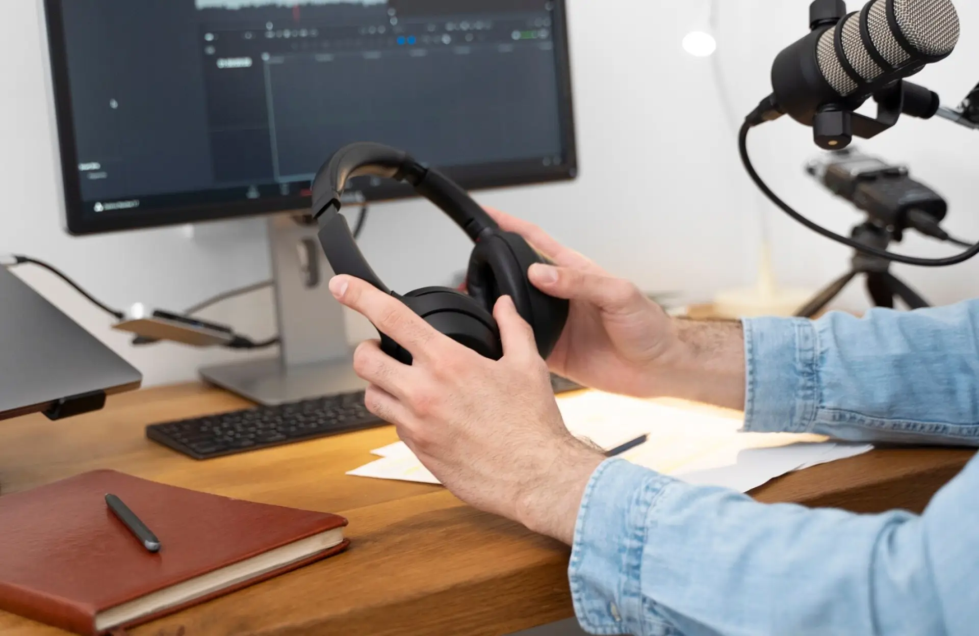 FX Productions Canada Person holding black over-ear headphones at a desk with a computer monitor, microphone, notebook, and papers. Toronto Video Production Company