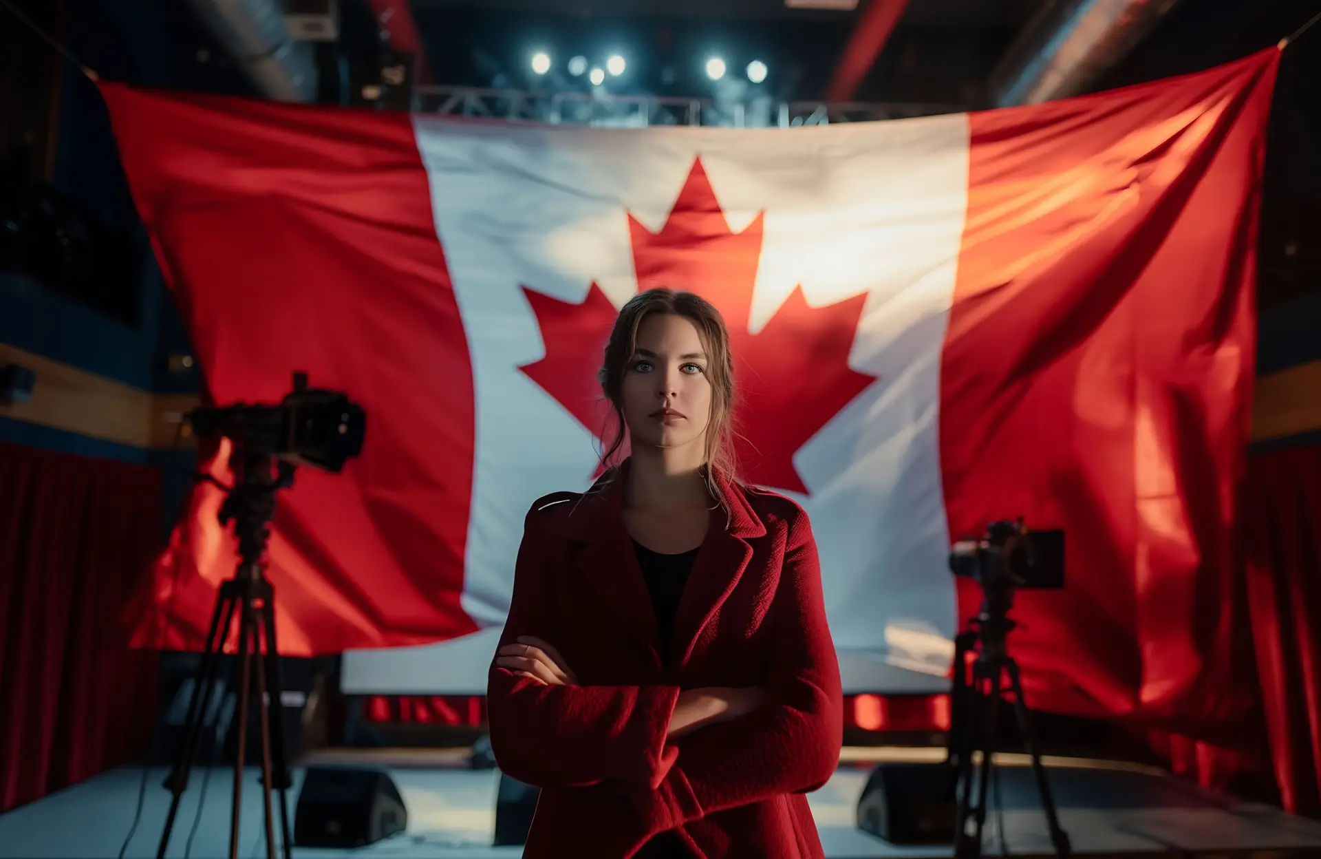 FX Productions Canada A woman stands with folded arms in front of a large Canadian flag, with cameras and stage lights in the background. Toronto Video Production Company