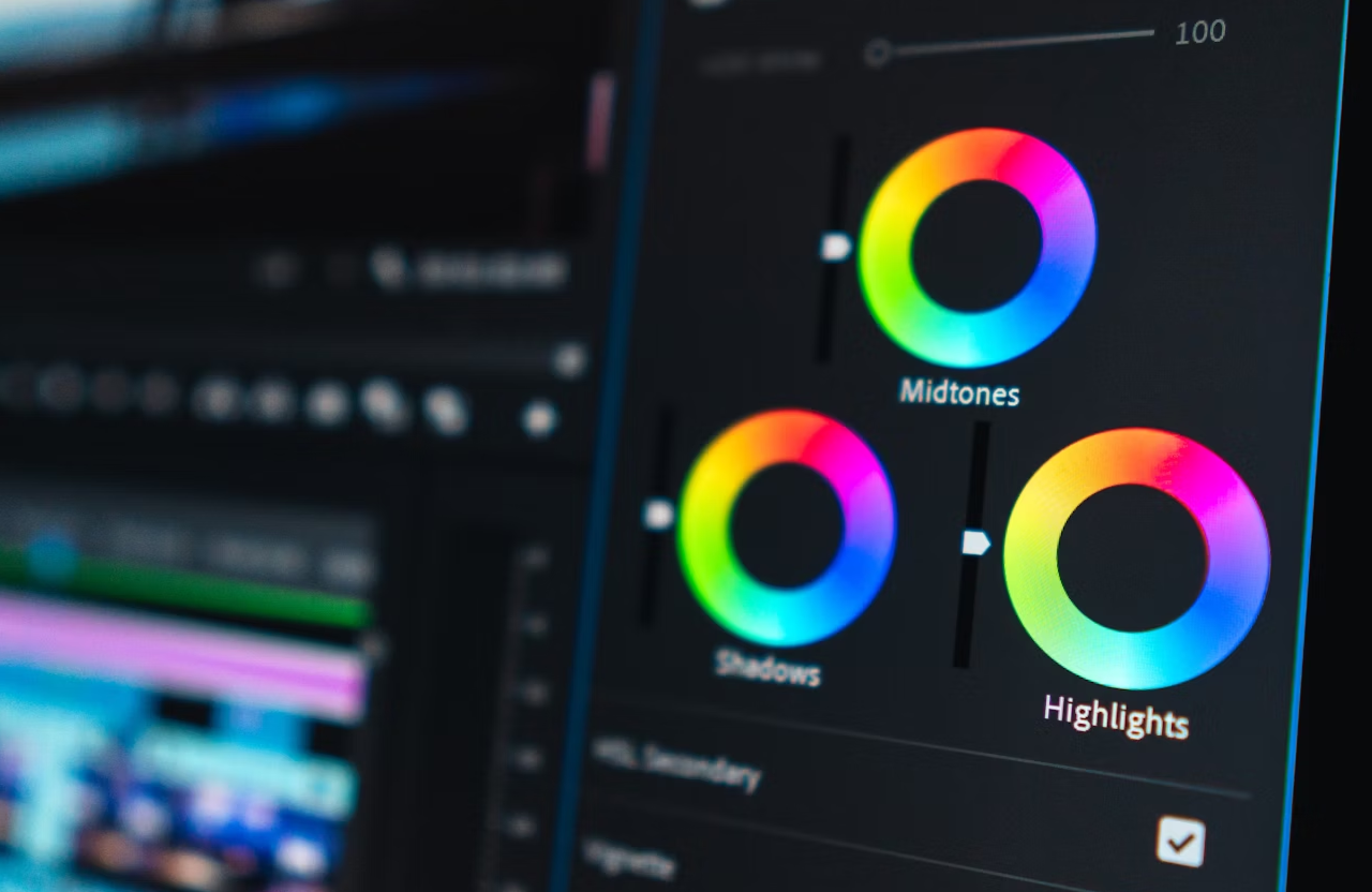 FX Productions Canada A computer screen displays color grading tools with color wheels for midtones, shadows, and highlights, used in video or photo editing software. Toronto Video Production Company