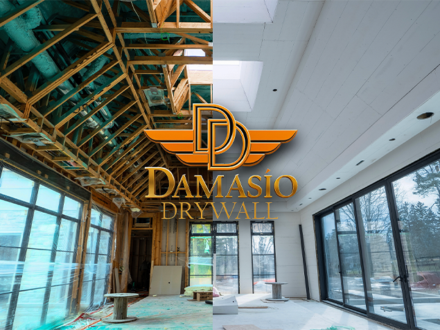 FX Productions Canada Split image showing a room before and after drywall installation, with the Damasio Drywall logo prominently featured in the center, highlighting the expert transformation by Damasio Drywall. Toronto Video Production Company