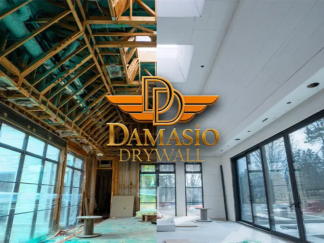 FX Productions Canada Split image showing a room before and after drywall installation, with the Damasio Drywall logo prominently featured in the center, highlighting the expert transformation by Damasio Drywall. Toronto Video Production Company