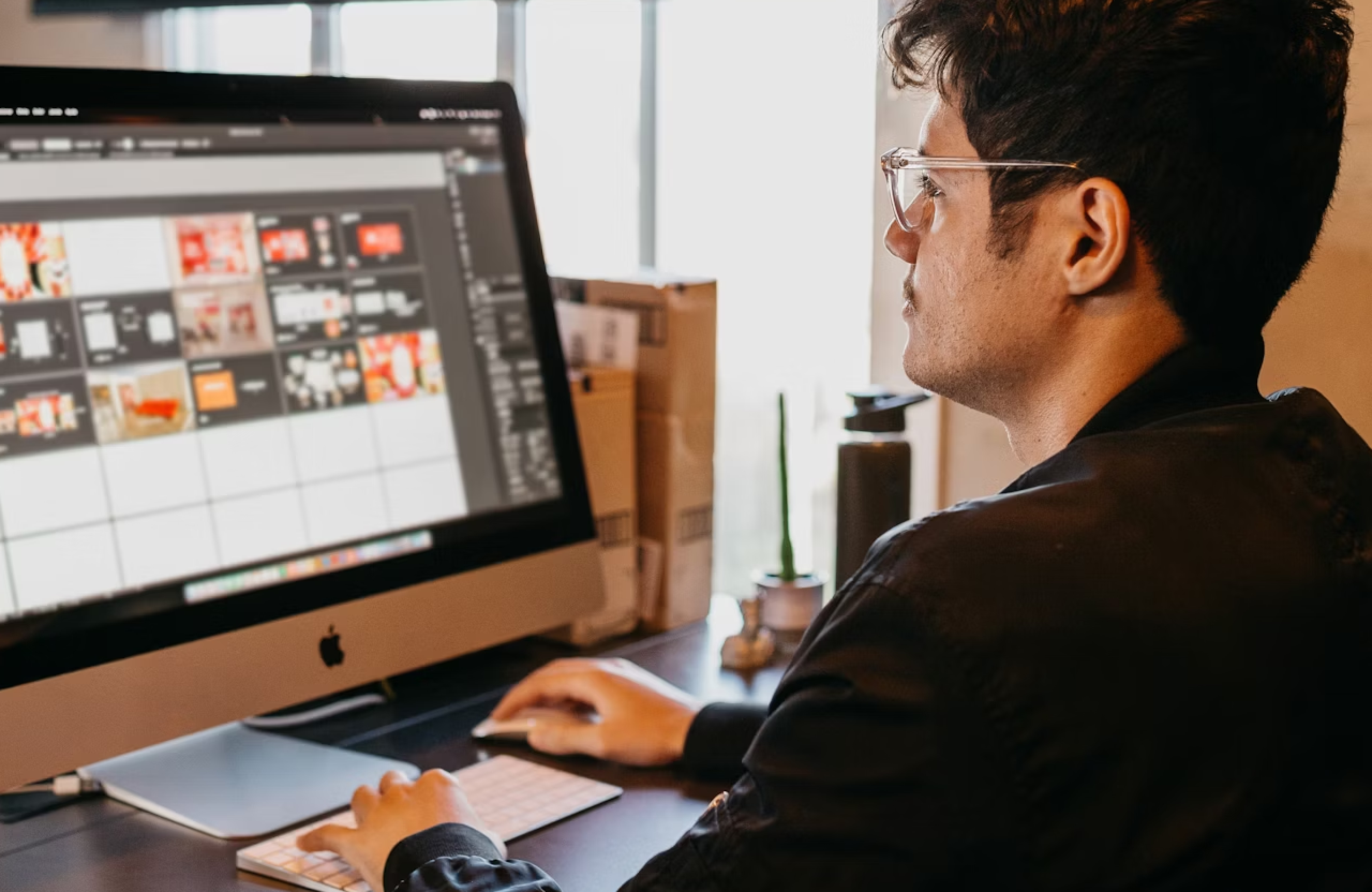 FX Productions Canada A person wearing glasses works at a desktop computer, editing images on a large monitor in a well-lit office space. Toronto Video Production Company