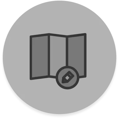 FX Productions Canada Icon of a folded map with a pencil symbol in front, shown on a gray circular background—ideal for a Video Production Company Toronto seeking creative direction and planning. Toronto Video Production Company